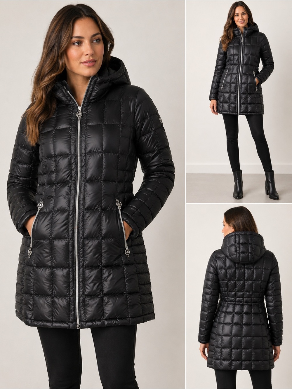 MICHAEL Michael Kors Packable Down Puffer Coat Black Hooded Size L Like New